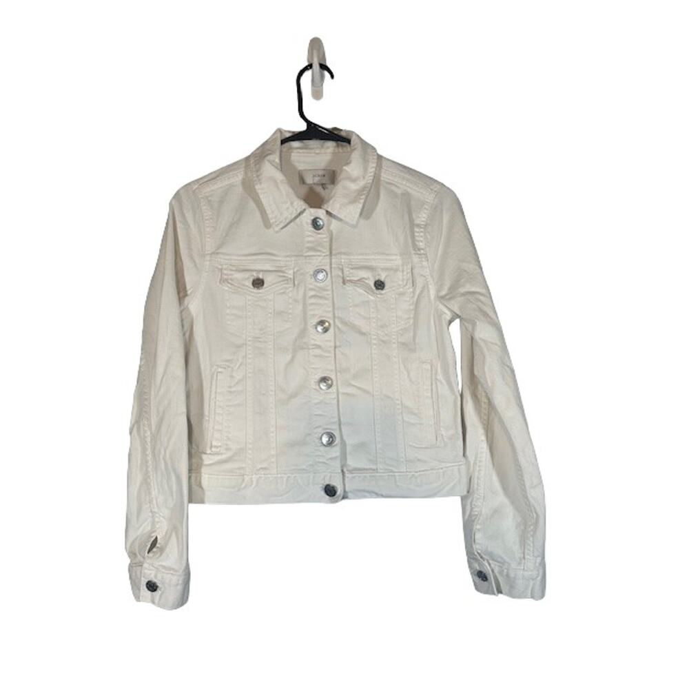 J. Crew White Collared Button Front Moto Style Denim Jean Jacket Women Sz XS